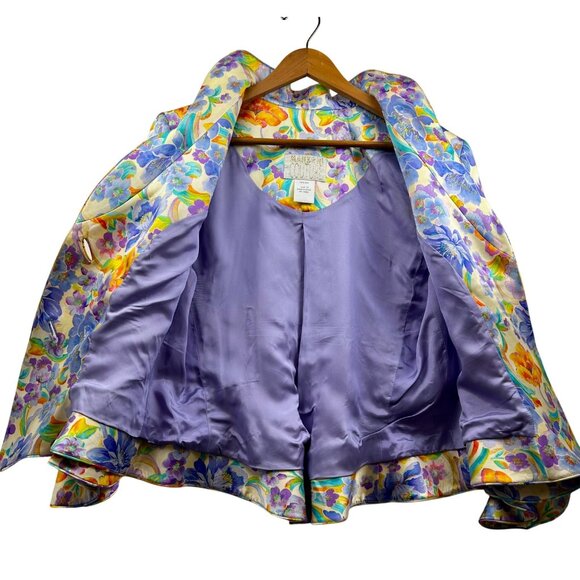 Manzoni Couture 100% Silk Floral Wearable Art Blazer Statement Jacket Sz 14 - Picture 3 of 7